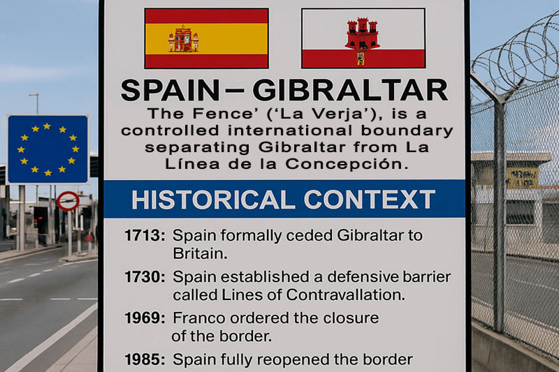 Visuals of border fencing and EU signage in the background