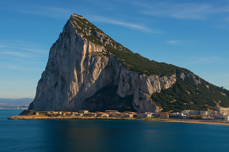 The Rock of Gibraltar towering above the sea, Gibraltar’s most iconic landmark